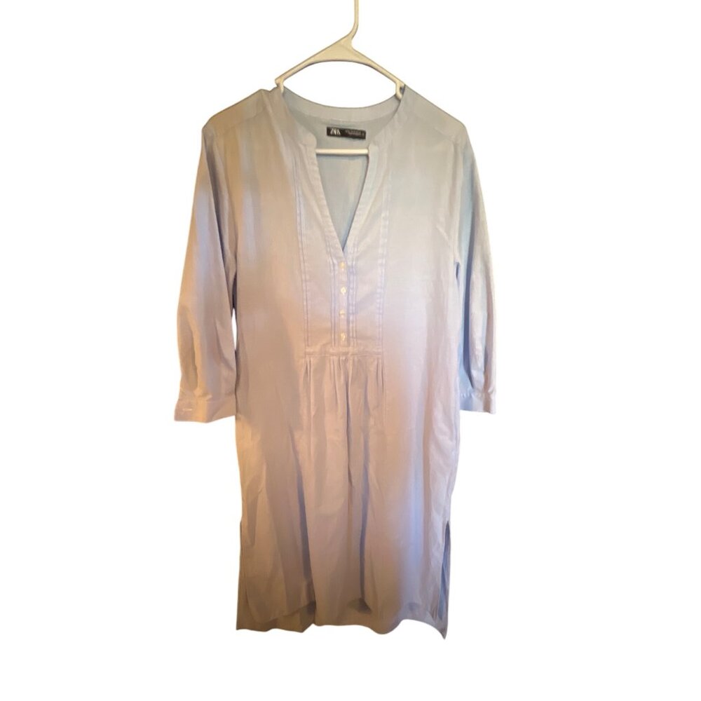 Zara Blue Cotton Button-Front Tunic Dress‎ With 3/4 Sleeves For Women Size S